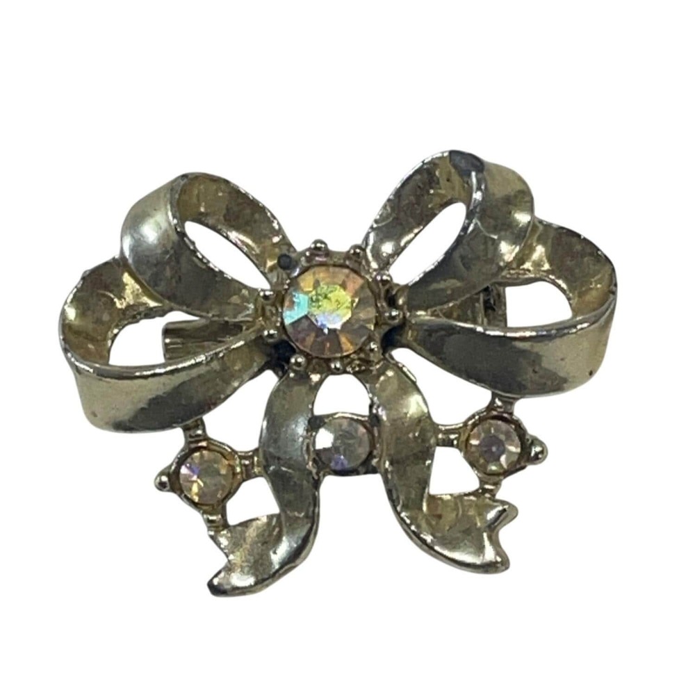 Vintage Silver-Tone Bow Brooch With Clear Rhinestone Accents Gift Women Jewelry